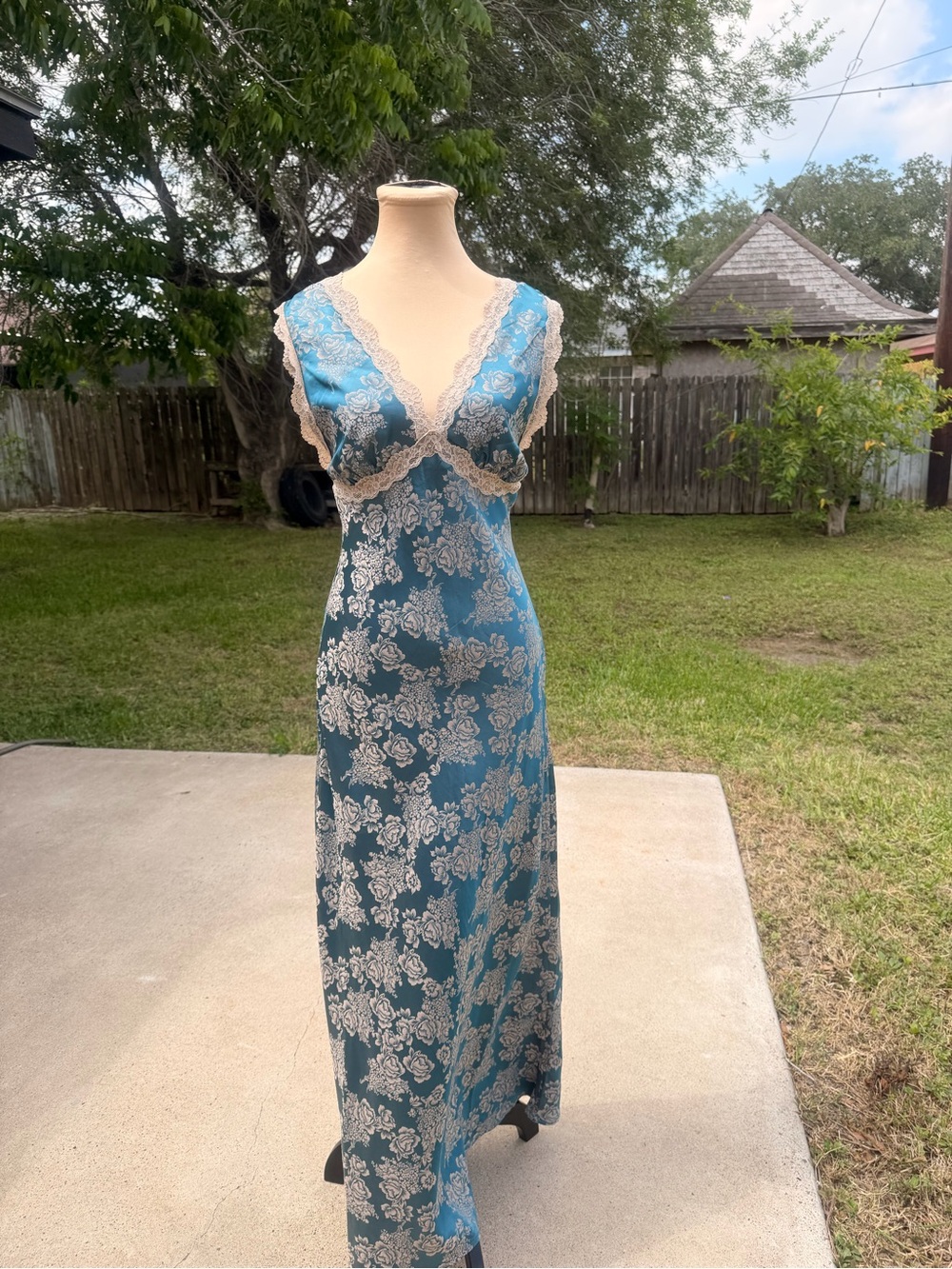 Blue Floral Lace-Trim Slip Dress